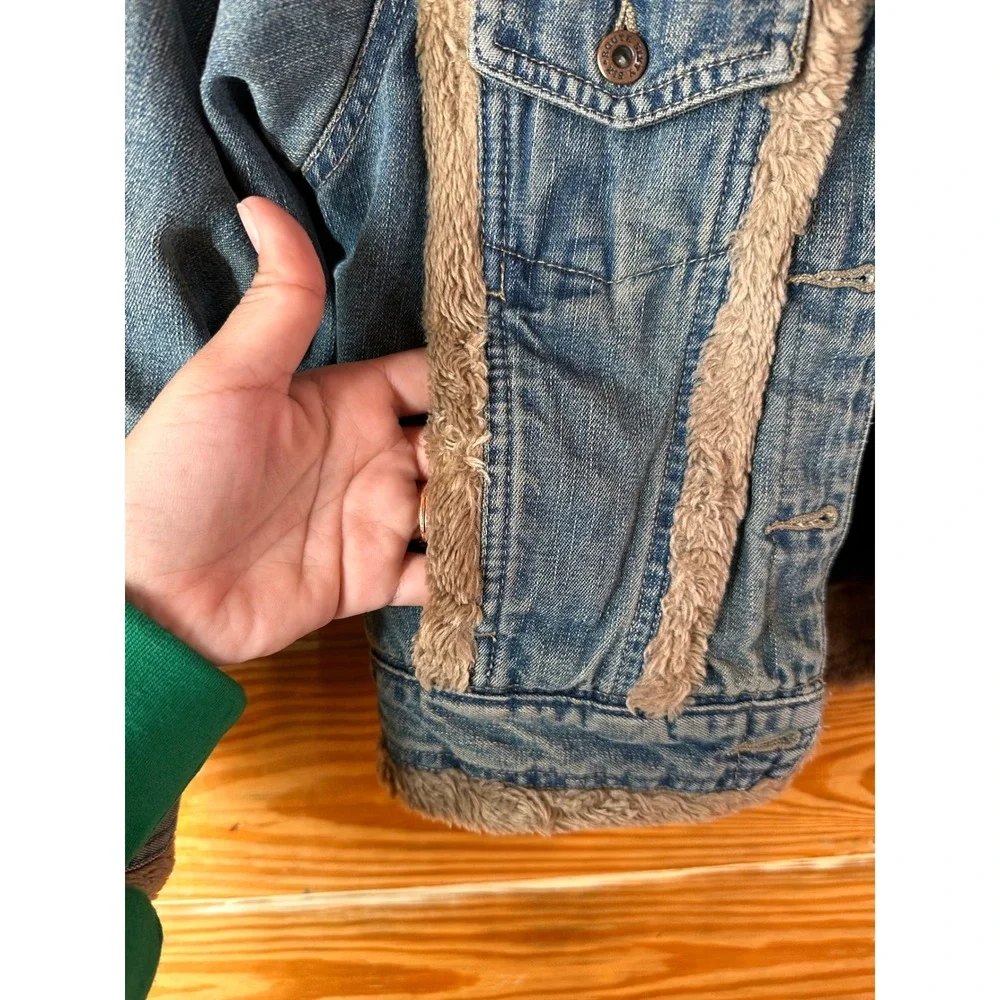 Route 66 Kids Denim Trucker Jacket Faux Fur Trim Fleece Lined Medium Wash Blue